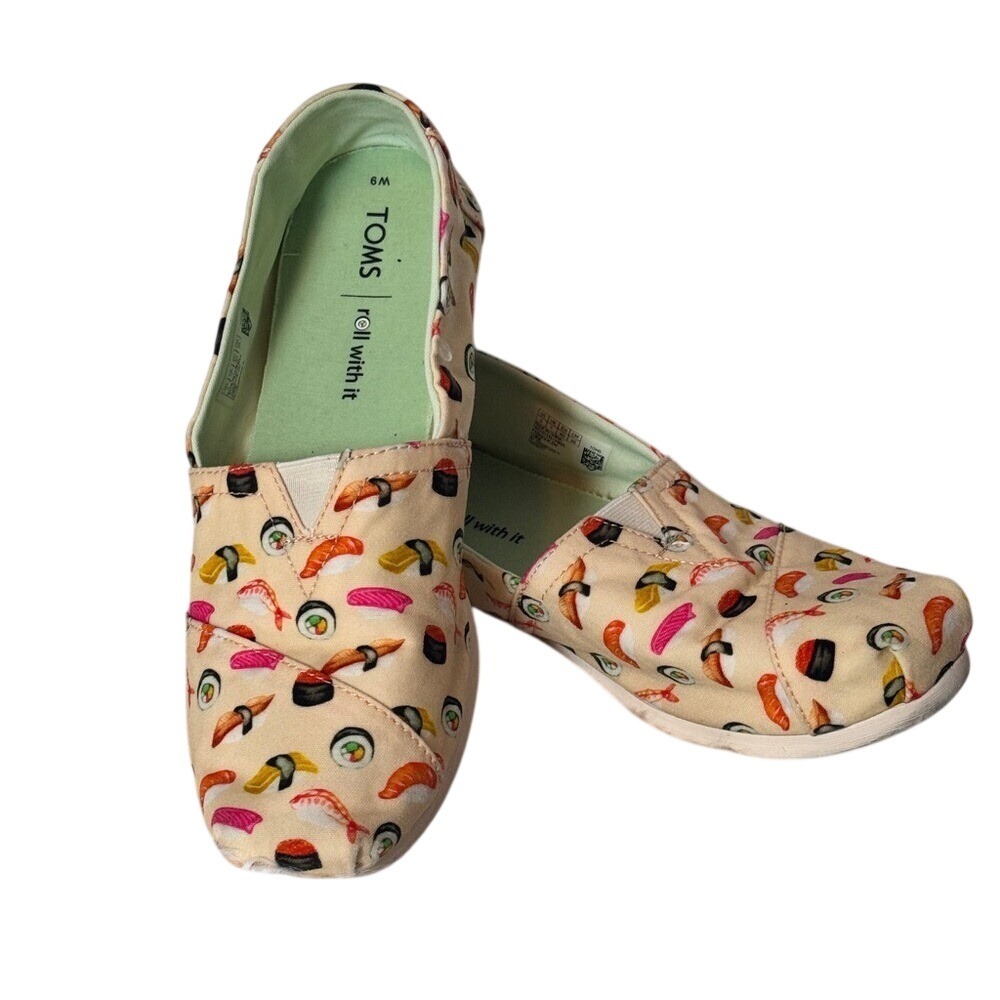 TOMS Womens 9 Roll‎ With It Sushi Print Canvas Alpargata Slip On Flats Cream